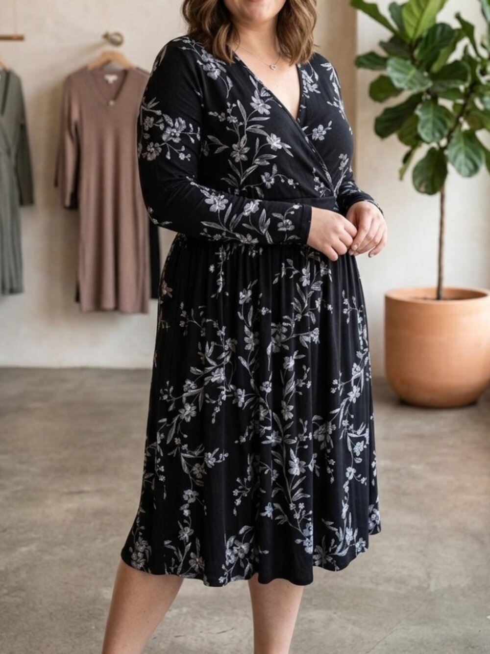 WEACZZY Black Floral Faux-Wrap Midi Dress Plus Size 2XL Classic Whimsigoth